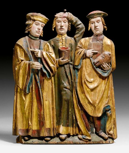 4 RELIEFS WITH 12 OF THE 14 HOLY HELPERS,lath Gothic, South Germany circa 1500/1510. Limewood carved in relief and painted. Each with 3 Holy Helpers with their attributes. Saints George and Christopher are missing. Some losses and repairs. H 60 cm.