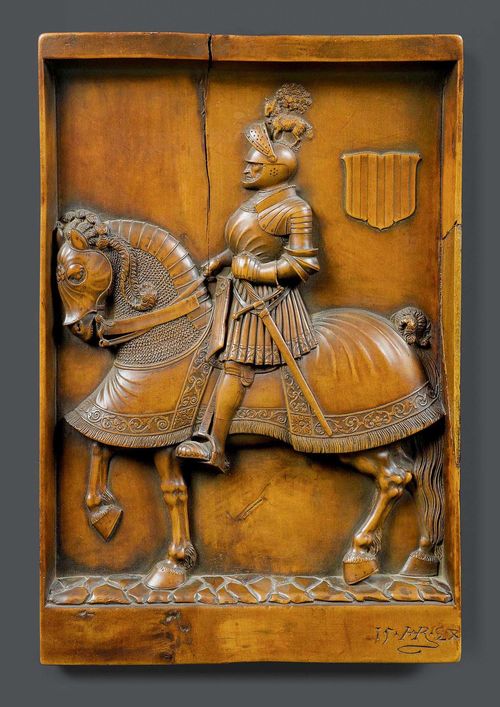 RELIEF WITH REPRESENTATION OF A KNIGHT,with monogram HR and date 1524, after an engraving by H. BURGKMAIR (Hans Burgkmair, 1473 Augsburg 1531) from 1508, probably Germany, 19th century. Finely carved yew. Crack and repair to the edge. Verso incised with negative seal, probably the coat of arms of the elector of Bavaria. H 33.5 cm. W 22.5 cm.