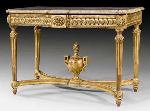 IMPORTANT CONSOLE WITH "SCAGLIOLA" AND "PIETRA DURA" TOP,Louis XVI, Rome circa 1780. Fluted and richly carved gilt wood with "Scagliola" and "Pietra Dura" top. 127x65x87 cm.