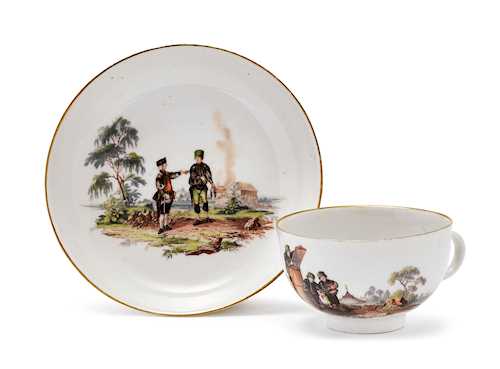 CUP AND SAUCER WITH MINER SCENES in the style of Meissen, 19th/20th century.