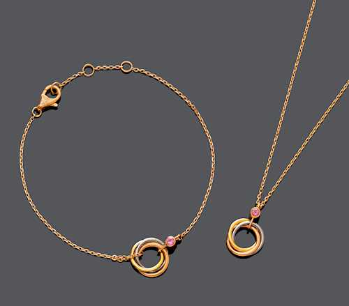 SET GOLD AND SPINEL NECKLACE AND BRACELET, BY CARTIER.
