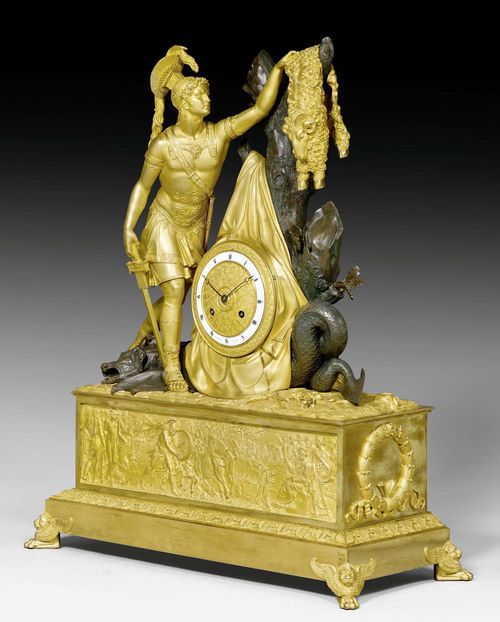 MANTEL CLOCK "JASON ET LA TOISON D'OR",Empire, from a Paris master workshop, the dial signed THOMIRE ET CGNIE (Pierre Philippe Thomire, 1751-1843), the work signed SCHULLER HR (1830-1840), some bronzes signed CHIBOUT (bronzier dynasty, active in the 1st half of the 19th century), Paris circa 1820/30. Matt and polished gilt bronze, burnished bronze, and "Vert de Mer" marble. Gilt bronze dial and Paris escapement striking the 1/2 hours on bell. 40x20x70 cm.