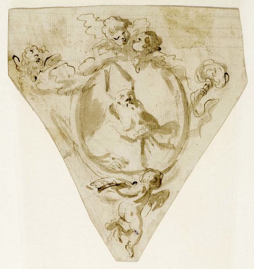 DIZIANI, GASPARE (Belluno 1689 - 1767 Venice) Church dignitary with insignia and putti. Design for a spandrel. Pen in brown with brown wash. 20 x 21 cm (unevenly cut). Framed. The attribution has been supported by  Anna Paola Zugni-Tauro