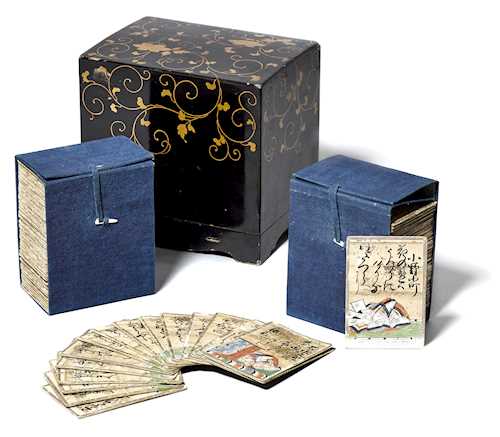 HYAKUNIN ISSHU UTAGARUTA (PLAYING CARDS) AND A LACQUER BOX.
