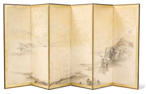 A SIX-FOLD SCREEN (BYOBU) DEPICTING A TEMPLE COMPLEX TOWERING OVER AN ATMOSPHERIC LANDSCAPE.