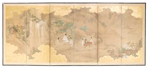 A SIX-FOLD BYOBU DEPICTING COURTIERS BY A WATERFALL.