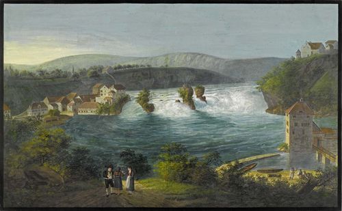 SCHAFFHAUSEN - RHEINFALL.-Anonymous, circa 1820/30. View of the Rhine falls at Schaffhausen. Pen in grey, watercolour, heightened in opaque white. 42 x 64 cm. Outer line in black India ink, and grey gouached margins. Gold frame. - Large format view of the famous falls. With traces of former vertical central fold, minor foxing in the upper area of the image. Overall in fine condition.