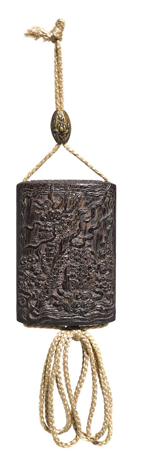 A LACQUERED WOOD INRO CARVED WITH DRAGON AND KIRIN.
