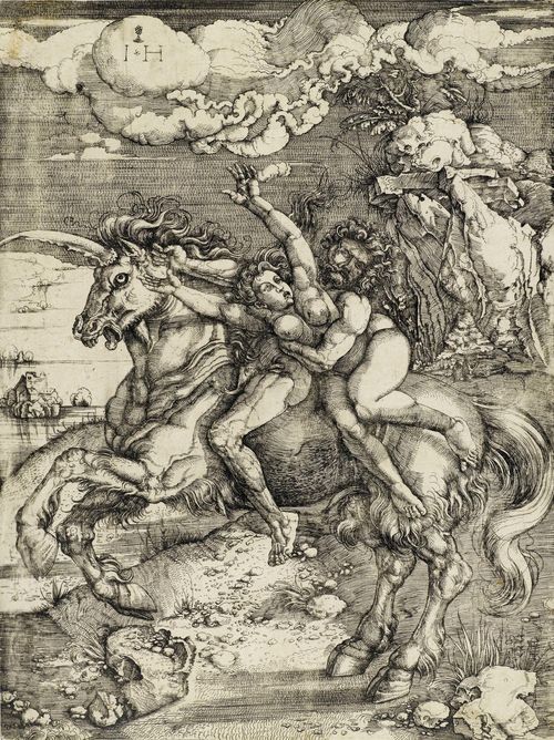 HOPFER, HIERONYMUS (Augsburg circa 1500 - after 1550 Nuremberg).Die Entführung auf dem Einhorn (the abduction on the unicorn), 1516. Iron etching after Albrecht Dürer. 28.7 x 21.1 cm. Bartsch 42; Hollstein 47 II (?). - Strong impression, partly with fine margin around the image, partly cut up to the image. Minor rubbing in parts and some browning. Verso remains of old mount. Overall good condition..