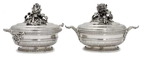 A PAIR OF SILVER-PLATED LIDDED TUREENS