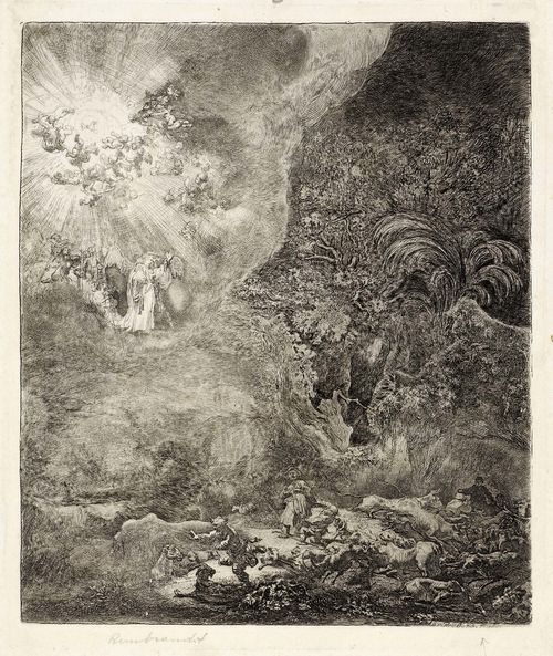 REMBRANDT, HARMENSZ VAN RIJN (Leiden 1606 - 1669 Amsterdam).The annunciation to the shepherds, 1634. Etching, 26.3 x 21.7 cm. Bartsch 44; Seidlitz 44 IV; White/Boon (Hollstein) 44 III; Nowell-Usticke 44 probably II/ III (of V, before the reworking of the bridge). Impression with margin. Small paper loss on upper margin. Otherwise fine condition.