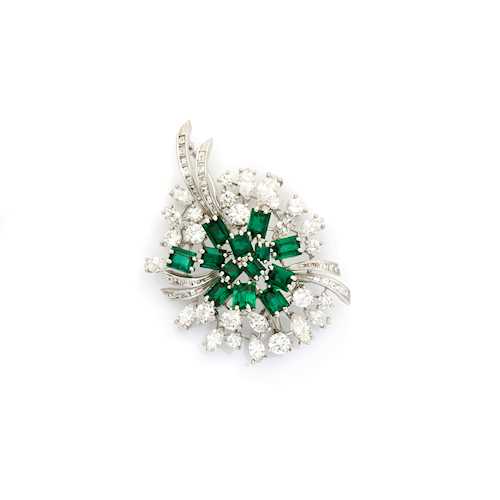 EMERALD AND DIAMOND BROOCH, BY MEISTER, ca. 1970.