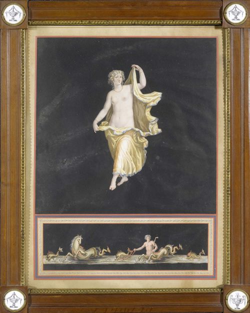 ITALY.-Anonymous, circa 1800. Lot of 5 mythological images in the Pompeian style. Gouaches, watercolours, pen, heightened in white. Each ca. 45.5 x 35.3 cm. In decorative frame of the period. Minor areas of rubbing and minor browning. Overall fine condition.