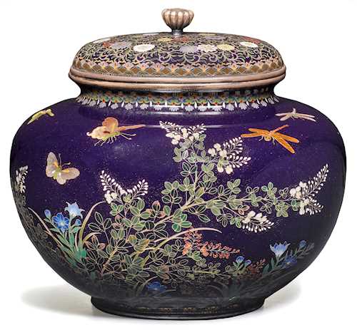 AN ENAMEL CLOISONNE JAR AND COVER.