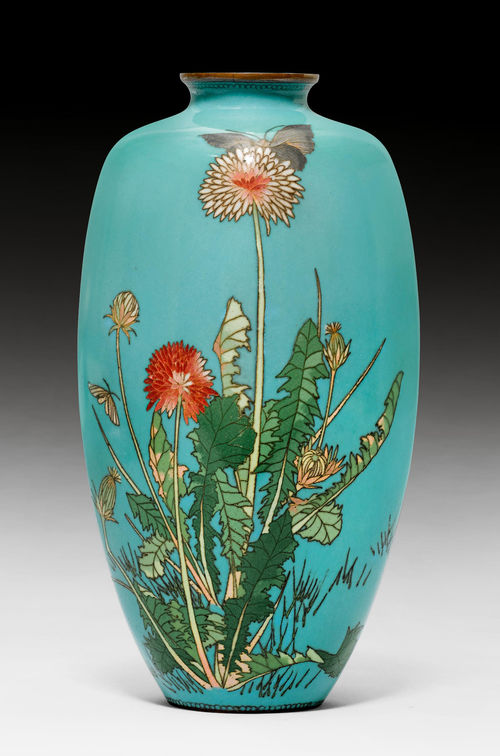 A TURQUOISE GROUND CLOISONNÉ VASE DECORATED WITH DANDELIONS AND BUTTERFLIES.