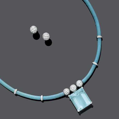 AQUAMARINE AND DIAMOND NECKLACE WITH EARRINGS, BY BINDER.