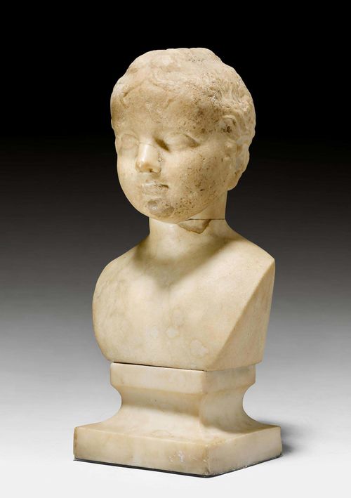 HEAD OF A CHILD,Roman, Italy, 1st/2nd century AD. Beige marble. Bust of a child on a retracted square base. Nose repaired. Bust stems from the 19th century. H 36 cm. Provenance: Private collection, Ticino.