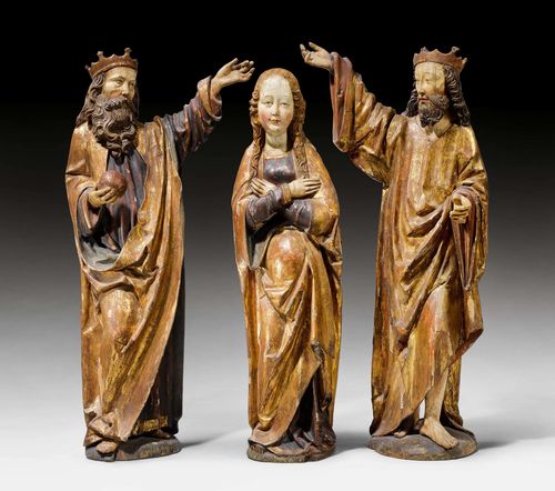 GROUP WITH THE CORONATION OF MARY,late Gothic, Central Germany, beginning of the 16th century. Lime, carved and painted, verso hollowed. Christ with raised hand (originally probably holding a crown). 1 hand of Christ, incomplete, 1 not original. Paint and gilt, later in part. Some losses. H max. 92 cm. Provenance: From a Swiss private collection.