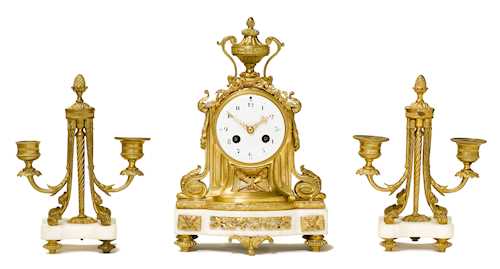 MANTEL CLOCK AND A PAIR OF CANDELABRA