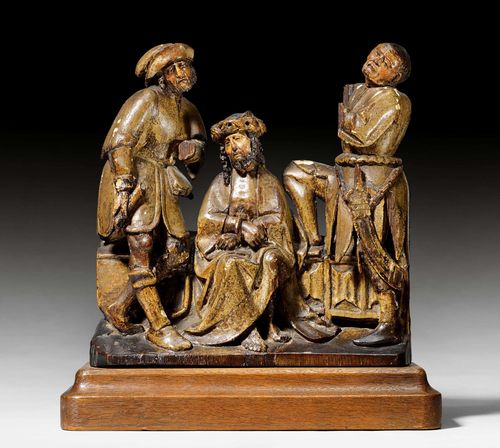 THE MOCKING OF CHRIST,Renaissance, Flanders ca. 1500. Carved oak, verso flattened and with remains of paint/gilding. Arms of the soldiers, missing. Some losses. Base repaired on the right. H 29 cm.