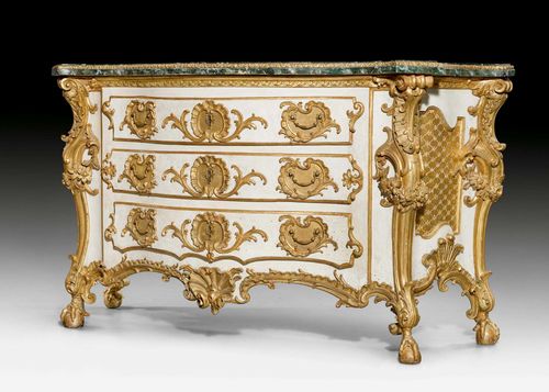 IMPORTANT PAINTED COMMODE, Louis XV, probably after designs by F. CUVILLIES (François Cuvilliés, Soignies 1697-1768 Munich), from a Munich imperial workshop, ca. 1760. Poplar, exceptionally richly carved with shells, cartouches, leaves, paws and ornamental frieze and painted white and partially gilt. Gilt bronze mounts and drop handles. Paint restored. 165x61.5x92.5 cm. Provenance: From a European collection.