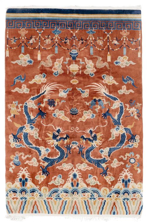 CHINA old.Brown ground, patterned with dragon and plant motifs, slight wear, 184x270.
