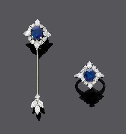 CEYLON SAPPHIRE AND DIAMOND JABOT PIN AND RING, BY CARTIER, ca. 1960.
