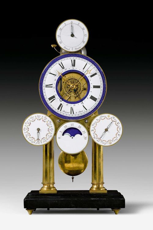 SKELETON CLOCK WITH MOON PHASE AND CALENDAR,Louis XVI, the dial signed BOURRET A PARIS (Noel Bourret, circa 1755-1803), the enamel painting probably by DUBUISSON (Etienne Gobin, 1731- circa 1815), Paris circa 1785/90. Gilt bronze, brass and finely painted enamel. Large, blue enamel chapter ring with Roman hours, Arabic month days and 4 hands. Below, 3 further enamel discs: 1 with French month names and number of days, 1 with cut-out arched window for moon phase, and 1 with French weekdays and planetary symbols. At the top, an additional enamel disc with indicators for the time adjustment. On rectangular black stone plinth. Large pendulum with strike adjustment. Some servicing required. 26x12.5x51 cm.