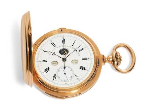 Eugène Lecoultre, extremely rare and technically exceptional pocket watch with retrograde perpetual calendar, chronograph with vertical clutch and 1/4-hour repeater, ca.1880.
