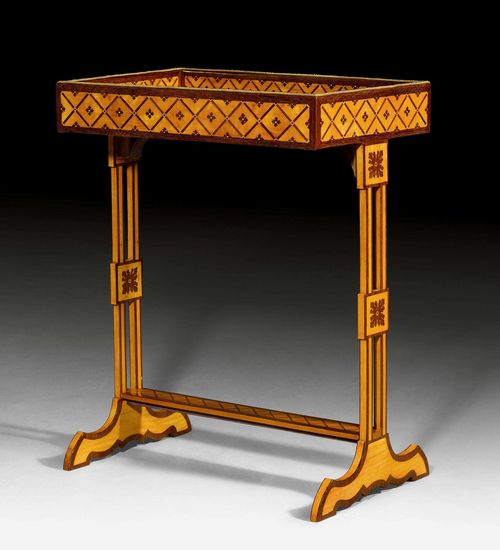 TABLE TRICOTEUSE,Louis XVI, attributed to RVLC (Roger Vandercruse, maître 1755), Paris ca. 1770. Tulipwood, amaranth and boxwood in veneer, inlaid with a lozenge pattern, rosettes, fillets and decorative frieze. Hinged front. Gilt brass decorative friezes. Restorations and alterations. 59x31x75 cm. Provenance: From a Parisian collection.