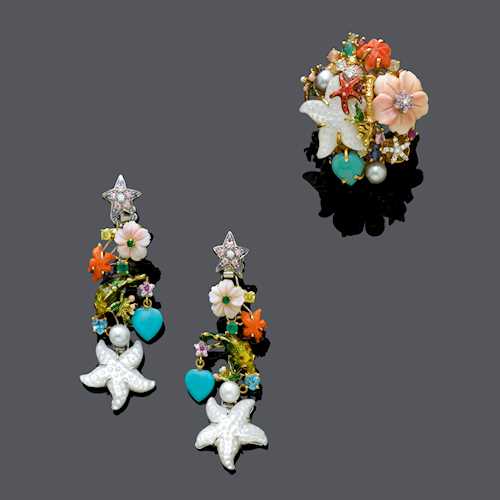 ENAMEL AND MULTICOLOUR GEMSTONES RING AND EAR PENDANTS, BY SANTAGOSTINO.
