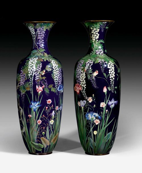 PAIR OF IMPORTANT ENAMEL VASES,Napoleon III, probably France, late 19th century. Finely painted enamel; songbirds, flowers  and leaves on a dark blue ground. H 148 cm.
