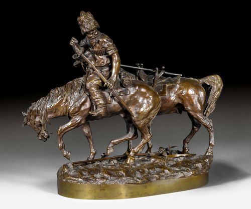GRATCHEV, G.P. (Gabriel Petrovich Gratchev, founder of a goldsmith workshop in St. Petersburg in the second half of the 19th century), Napoleon III, St. Petersburg, dated 1882. Burnished bronze. 2 stallions, one with an armed rider, one with a saddle cloth, saddle and weapons. On an oval plinth. With foundry stamp and second foundry signature  FABR. C. F. WOERFFEL. 38x22x36 cm. Provenance: From a Swiss private collection.