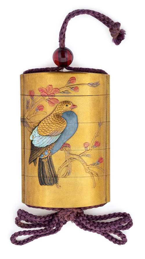 A FOUR CASE INRO DECORATED WITH PRUNUS AND BIRD.