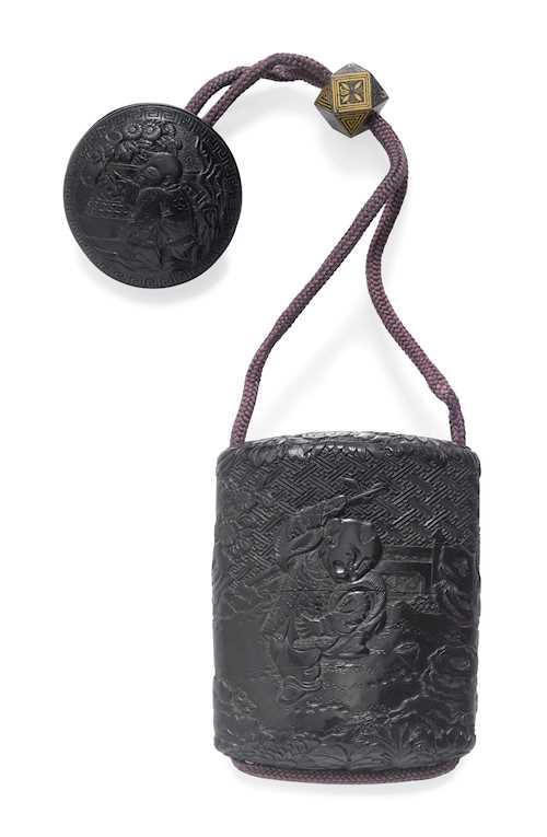 A THREE-CASE CARVED BLACK-LACQUER (TSUIKOKU) INRO.