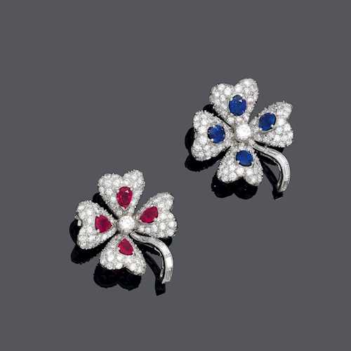 A PAIR OF RUBY, SAPPHIRE AND DIAMOND BROOCHES, BY LUNATI, ca. 1970.