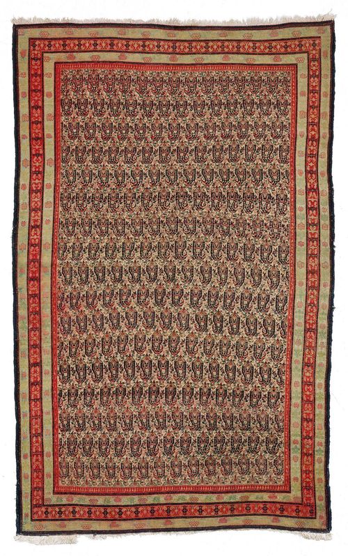 SENNEH antique.White ground, patterned throughout with boteh motifs, border in red and green, strong signs of wear, 150x230 cm.