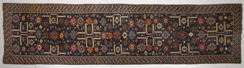 SHIRVAN antique.Blue ground, geometrically patterned with star motifs, narrow border, slight wear, 110x475 cm.
