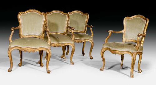 SET OF 4 FAUTEUILS "EN CABRIOLET",Louis XV, Venice circa 1760. Finely shaped and carved wood with remains of old gilding. Worn, green velour cover. Restoration required. 62x47x48x88 cm.