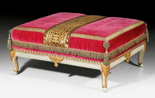 PAINTED TABOURET,late Regence, Paris, 19th century. Shaped and finely carved wood, painted light beige and parcel gilt.  Wine red velour seat cushion. The paint restored. 103x93x47 cm.