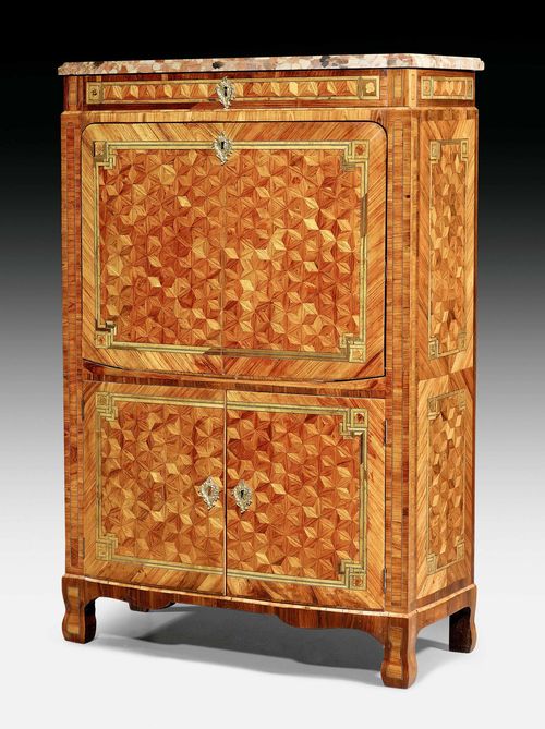 SECRETAIRE "A ABATTANT",Transition, stamped L. BOUDIN (Leonard Boudin, maitre 1761), Paris circa 1775. Tulipwood, rosewood, and partly dyed precious woods in veneer with fine inlays. The front with fall-front writing surface, lined with gold-stamped red leather, between top drawer and double doors. Fitted interior of drawers and compartments. Gilt bronze mounts. "Breche d'Alep" top. Some supplements. 95x42x(open 88)x144 cm.
