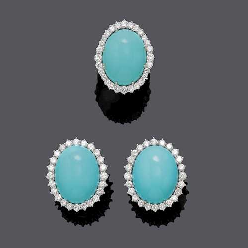 TURQUOISE AND DIAMOND EARCLIPS WITH RING, ca. 1970.