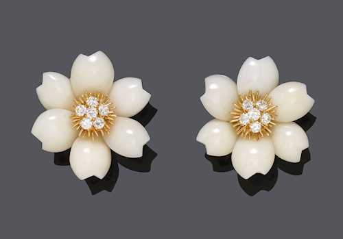 CORAL AND DIAMOND EARCLIPS, by VAN CLEEF & ARPELS.