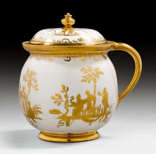 VERY RARE LIDDED POT WITH AUSGSBURG GOLD CHINESE FIGURES,Meissen, ca. 1720. Painted in the workshop of Bartholom&#228;us Seuter. Round vessel with curved handle. Painted with gold Chinese figures and plants. The convex cover similarly painted and with a profiled finial. Remains of a lustre mark on the bottom of the pot. Minimal chipping on the bottom and on the cover. H 14.8 cm. (2) Provenance: - Probably from the collection of the Margravine Magdalene Wilhelmine von Baden-Durlach (1677-1742) - Inherited by the Margraves and Grand Dukes of Baden - Auction by the Margraves of Baden, Sotheby&#39;s, Baden-Baden, 5. 10 1995, Lot 1322. Acquired by a Swiss private collector in this auction.
