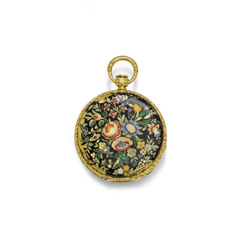 ENAMEL PENDANT WATCH, France, ca. 1820. Yellow gold. Flat case No. 55358, maker's mark FM, with finely engraved lunette and bow. The back, polychrome enamelled with flower and leaf motifs on a black background, in enamel "Champlevé". Silver-coloured, engine-turned dial, black Roman numerals and gold-coloured Breguet hands, 1 is missing, oxidized. Ultra-flat, fire-gilt cylinder movement with key winder and blued screws. Does not run, resinified. D 37 mm.