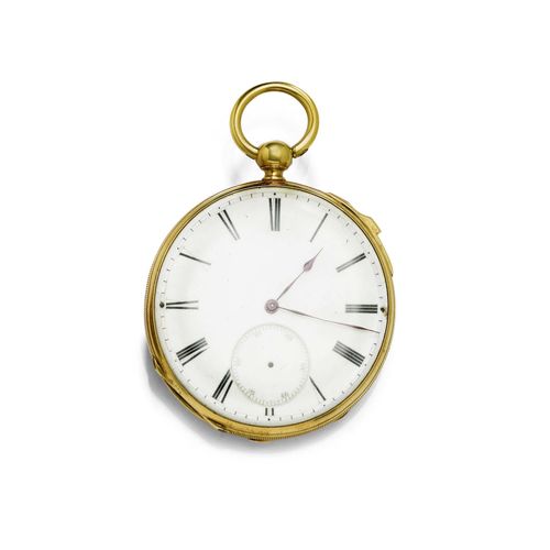 POCKET WATCH, 1/4 REPEATER, D. BACHELARD & FILS, Geneva, ca. 1870. Yellow gold 750, 89g. Engine-turned case No. 40116, with ribbed profile. Enamelled dial with Roman numerals and blued hands, small chip on the edge, hairline crack at 8h, small second, hand is missing. Dust cover signed and finely engraved with tendril motifs. Gilt lever movement with Breguet spring, bimetallic balance, pallet with counterpoise, 12 rubies, 1/4 repeater, strike on 2 gong springs. Key winder. D 49 mm.