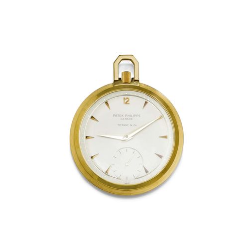 POCKET WATCH, PATEK PHILIPPE for TIFFANY & Co, ca. 1920. Yellow gold 750. Ref. 770. Round, flat case No. 2628052 with a satin-finished profile. Cream-colored, two-tone dial with appliqued arrow indices and gold-coloured hands, small second at 6h. Ultra-flat lever movement No. 892765, Cal. 17-40 with flat spring. D 47 mm.