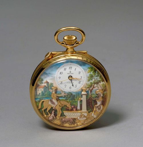 POCKET WATCH WITH ALARM, WITH MELODY AND ANIMATED FIGURES, ca. 1970. Numbered Series No. 3160. Decorated with chivalrous scenes at a well with animated figures: a lady carrying water and a horseman with a dove and two dogs, in the background a polychrome enamelled seascape with a castle. Small dial with Arabic numerals and gold-coloured Breguet hands, black hands for the alarm. Manual winding, with crown at 11h. Minuet melody triggered by the alarm. Music mechanism with key winder. The back engine-turned and engraved with musical instruments. Opened case bottom functions as a stand. Resinified. D 57 mm.