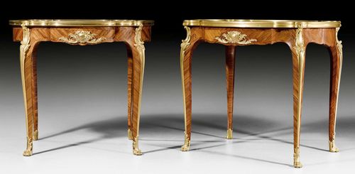 PAIR OF SIMILAR SALON TABLES,Louis XV style, stamped P. SORMANI (Paul Sormani, born 1817 in Canzo), Paris circa 1880. Tulipwood in veneer. "Breche d'Alep" top edged in bronze. Exceptionally fine, matte and polished gilt bronze mounts and sabots. Approx. 86x69x75 cm.