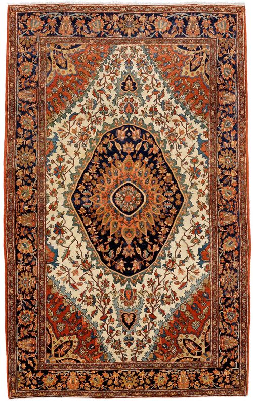 FERAGHAN antique.White ground with dark blue central medallion and red corner motifs, patterned with flower tendrils, black border, 133x210 cm.
